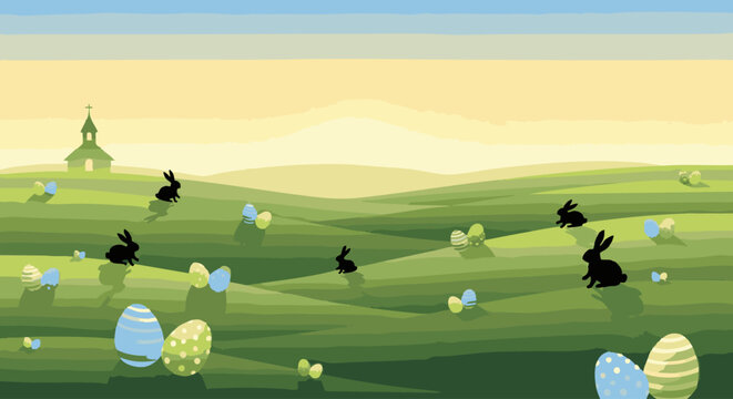 Easter landscape with black rabbit silhouettes, decorated colorful eggs, and a small church building on a rolling green grassy hill at sunset