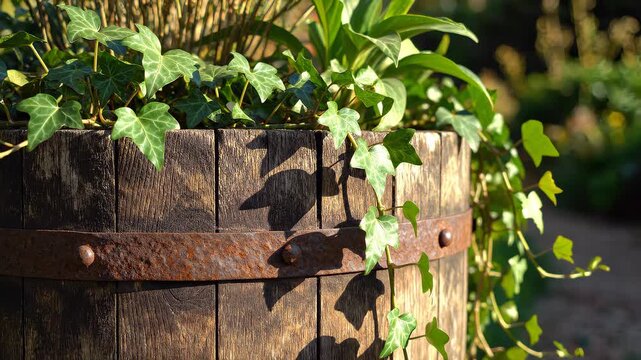 Old wooden barrel repurposed as a rustic planter filled with green ivy. Close-up of trailing vines and leaves casting shadows on weathered wood and rusty metal hoops in a sunny garden