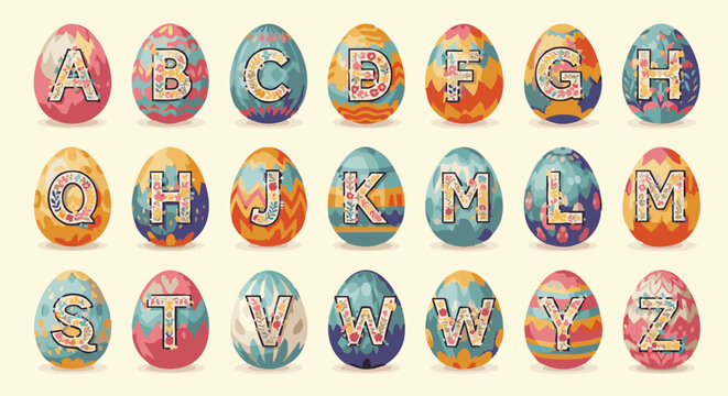 Set of easter eggs decorated with floral alphabet letters, colorful patterned egg collection with botanical typography on cream background
