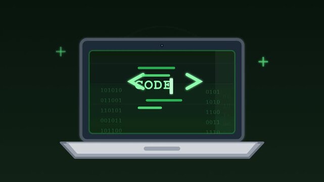 A person views coding symbols on a laptop screen in a dark room with green glow.