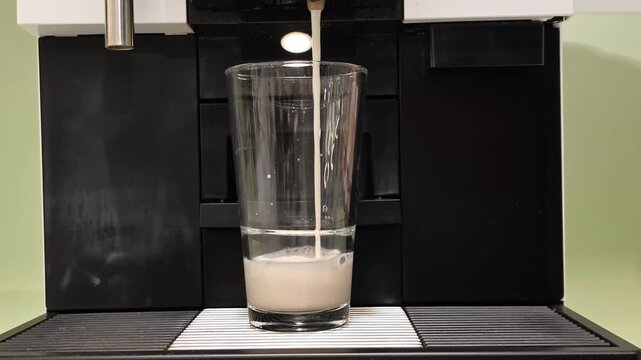 Preparing latte macchiato with milk foam in automatic coffee machine.