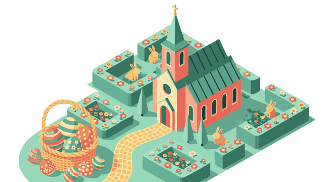 Isometric church building surrounded by a garden maze with easter bunnies, colorful patterned eggs in a wicker basket, and blooming flowers