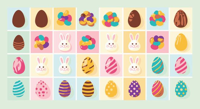 Grid of easter featuring decorated chocolate eggs, colorful jelly bean clusters, and cute white bunny rabbit faces in pastel squares
