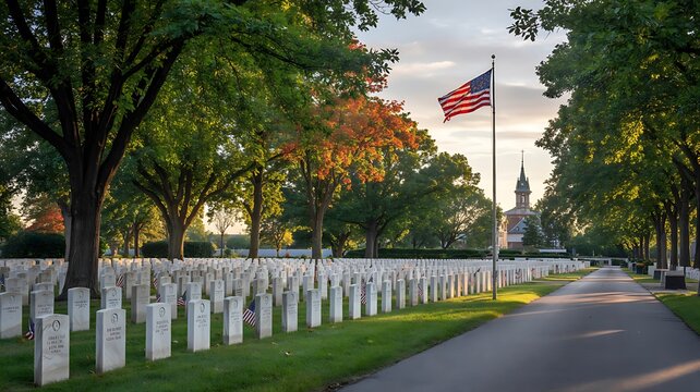 Arlington national cemetery pathway with american flag at sunset