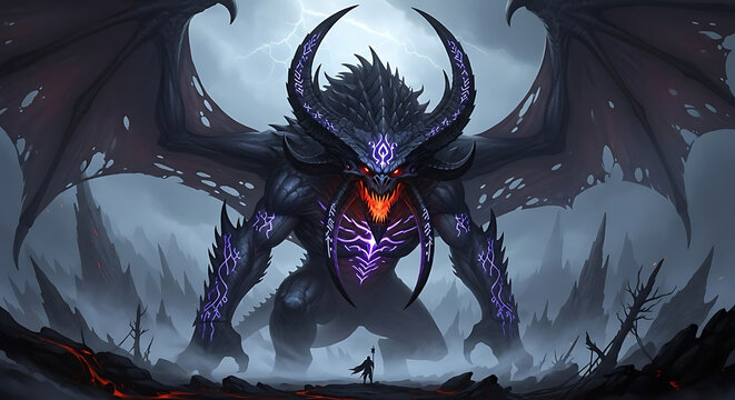 Giant demonic creature with glowing purple runes facing a tiny warrior. Epic fantasy boss battle in a desolate landscape. Dark monster with horns and tattered wings