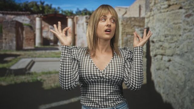 Woman makes ok sign with both hands and looks upward at projected stone ruins on a studio set; wonder.