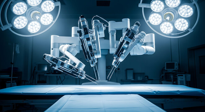 Advanced robotic surgery system in a modern operating room. High-tech medical robot with multiple arms over surgical table. Precision healthcare technology concept