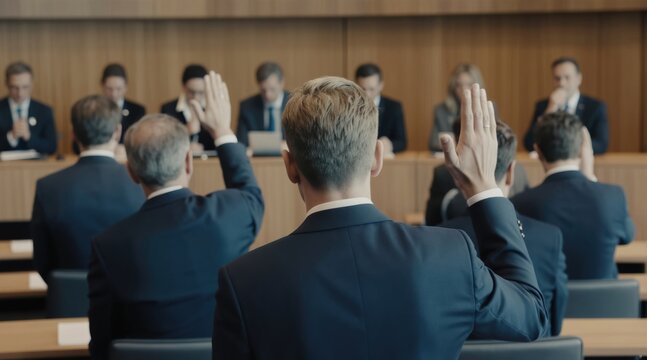 People in suits raise hands during a corporate meeting vote. Shareholders participate in decision making at annual general assembly. Business partners show agreement on proposal.