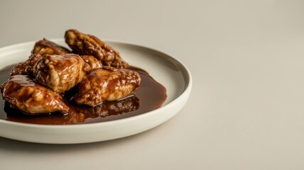 Fototapeta premium Chicken pieces in dark brown sauce on a white plate with copy space