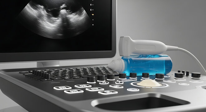 Ultrasound machine with transducer probe and blue gel. Medical diagnostic equipment in a hospital clinic. Healthcare technology and sonogram scan concept