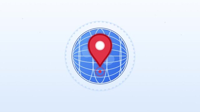 A red location pin icon on a blue globe map illustration symbolizes navigation.