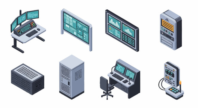 Isometric set of computer servers, control panels, and monitors for data centers and IT infrastructure.