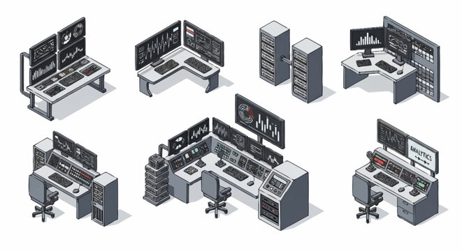 Isometric digital control rooms with multiple monitors and computer equipment, representing technology and data analysis.