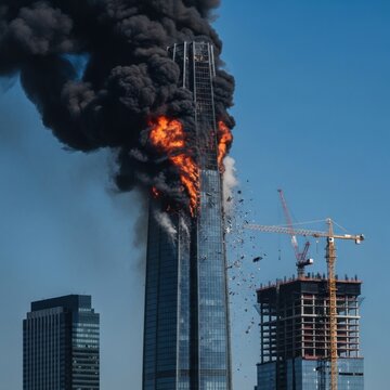 Skyscraper engulfed in flames and thick black smoke against a clear blue sky.