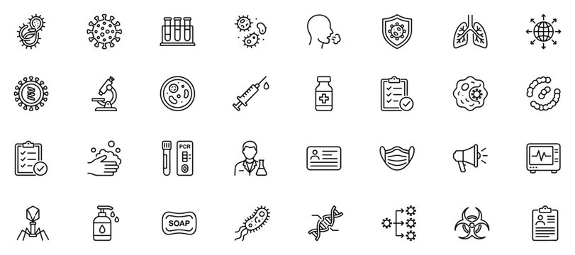 Set of outline icons related to viruses, bacteria, testing, vaccination, and health safety measures on transparent background