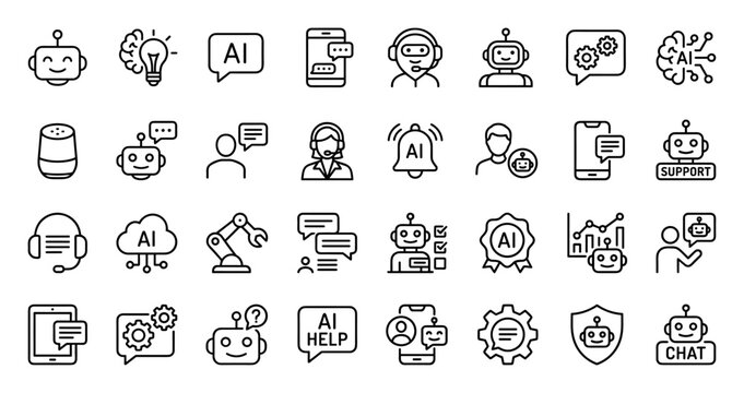 Set of AI and chatbot technology icons including robot faces, communication bubbles, support service, automation, machine learning, and smart assistants on transparent background