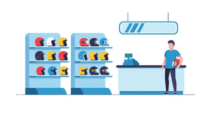 Man in Motorcycle Shop with Helmets on Display and Counter © nanda