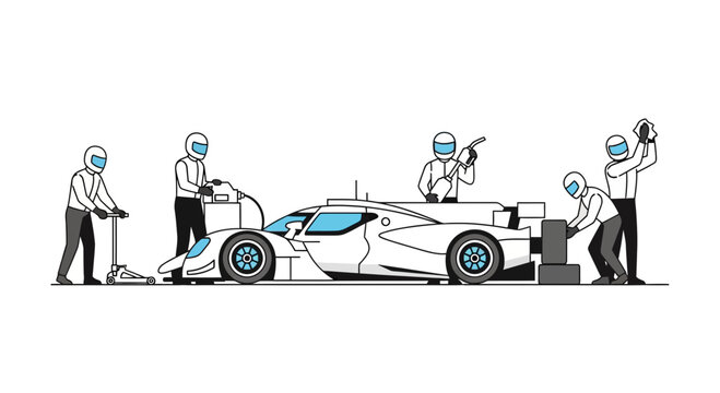 Race car pit stop crew working on sports car, team preparing vehicle for race