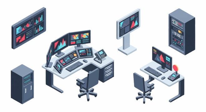 Isometric view of a modern control room with multiple computer monitors, servers, and workstations.