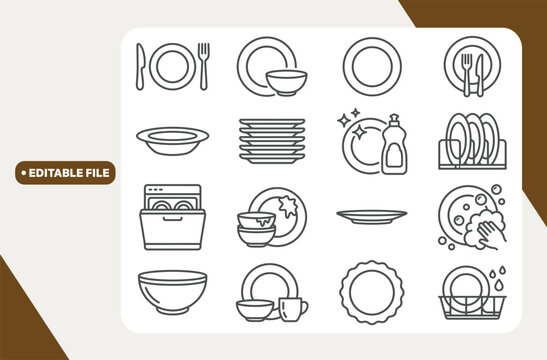 Dishes icons set. Cookware, tableware, linear icon collection. Line with editable stroke