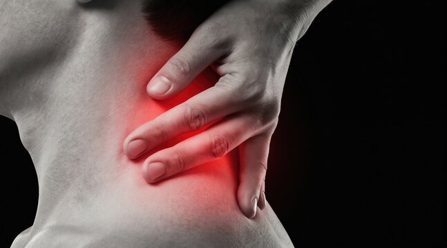 Person feels sharp neck pain. Fingers touch reddened inflamed area. Spinal nerve compression causes discomfort and agony. Medical illustration depicts health issue.