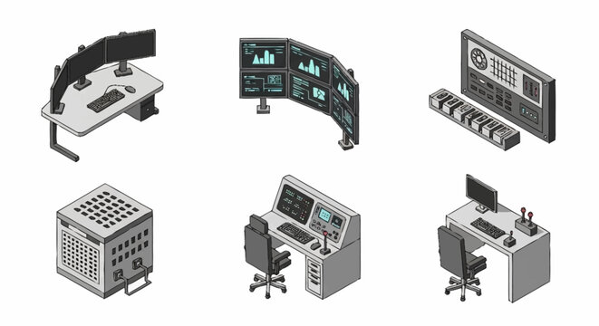 Isometric set of computer workstations and control panels for monitoring and data analysis.