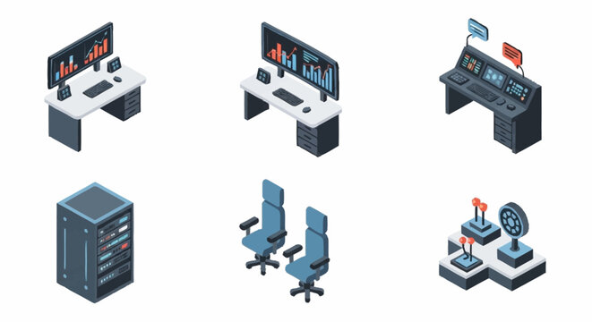Isometric illustration of a control room setup with computers, servers, and chairs.