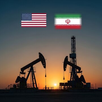 USA and Iran Flags Above Oil Rigs at Sunset Symbolizing Energy Relations.