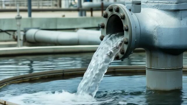 The video captures an industrial water treatment facility where water flows through a sturdy control valve. The process highlights water management in a treatment system