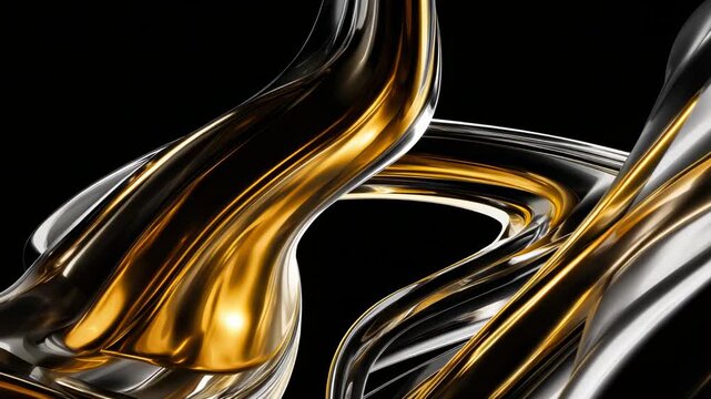 Metallic forms in gold and silver move in a swirling pattern across a dark background. The shapes shift and change, creating fascinating visuals of fluid motion