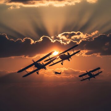 Vintage Biplanes Formation Flying at Sunset with Dramatic Clouds.