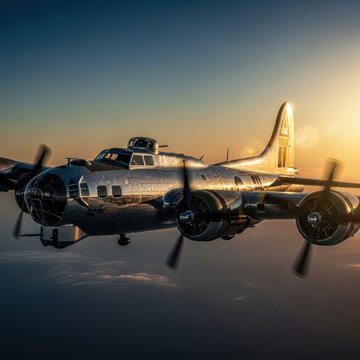 Vintage B-17 Flying Fortress Bomber Aircraft Soaring Through Sunset Sky.