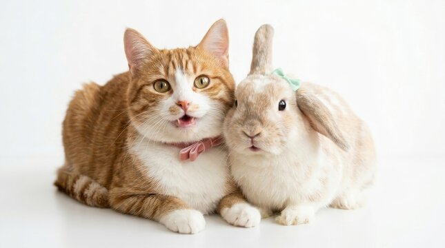 Cute cat and bunny duo with kawaii smiling faces for friendship design, adorable pet characters for childhood nature marketing,