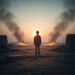 Fototapeta premium A lone child stands amidst a war-torn landscape at sunset.