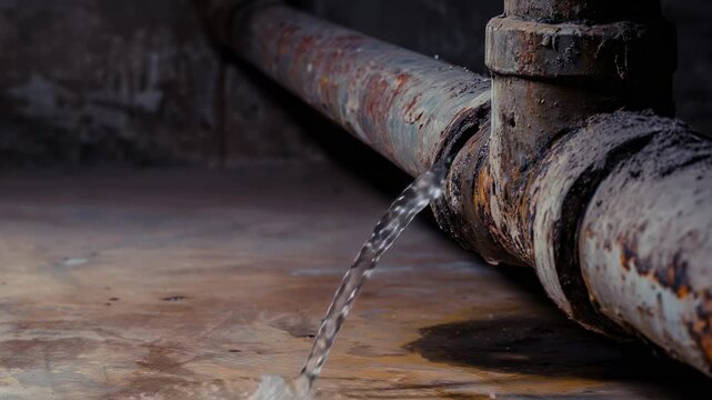 A rusted industrial pipe leaks water onto a dry concrete floor inside a building. The flow creates small puddles and runs across the surface, highlighting the decay and wear of the pipe