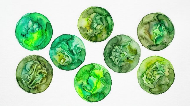 Artistic watercolor set of emerald green circles with intricate internal patterns and light washes on a clean white background.