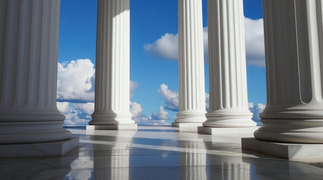 Classical white pillars stand on marble floor against bright blue sky with fluffy clouds. Opens panorama to horizon, sunlight reflects on polished stone.