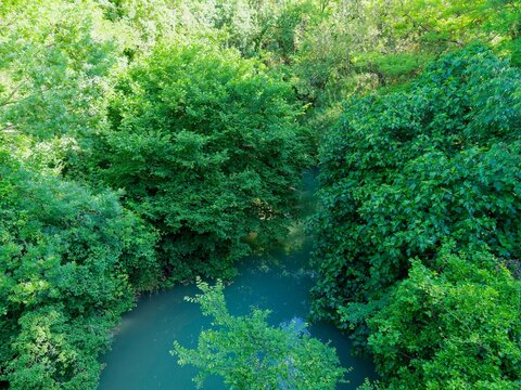 The Bresque, an emerald-colored river, a tributary of the Argens, flows through the Proven&ccedil;al village of Sillans-la-Cascade amidst wild vegetation before transforming into a waterfall
