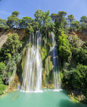 Sillans-la-Cascade, Proven&ccedil;al village in Verdon Natural Park, famous for its impressive high waterfall and the turquoise lagoon that flows out of it
