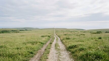 Naklejka premium Path leading to lighthouse on grassy hill towards sea and overcast sky.