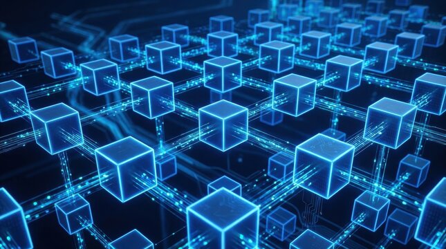 Glowing blue cubes connected by light streams in a digital network