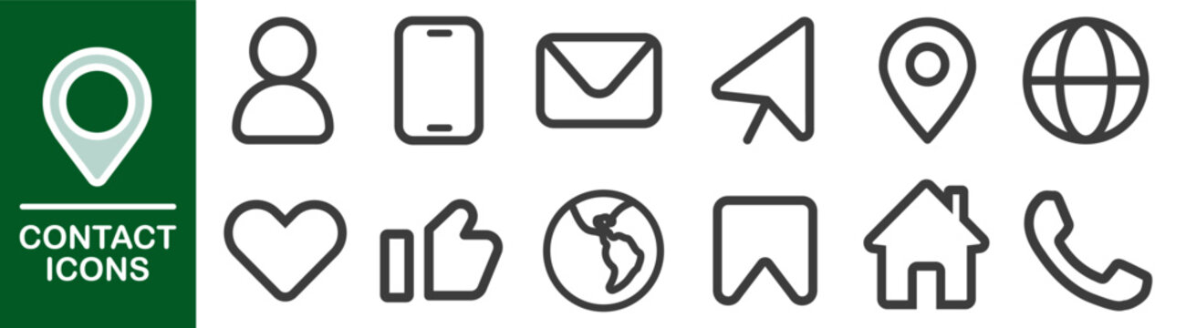 Contact icon set with phone, home, mail, and social media symbols in clean line style.