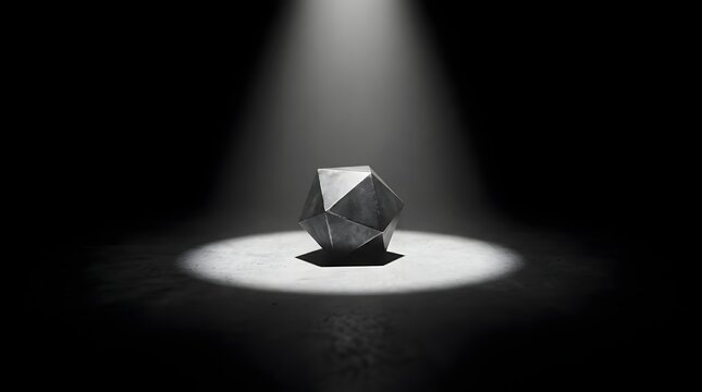 Metallic geometric dodecahedron object standing in bright spotlight on dark floor surface.