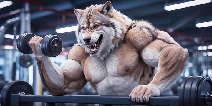 Muscular Anthropomorphic Wolf Bodybuilder Lifting Dumbbell at Gym Workout