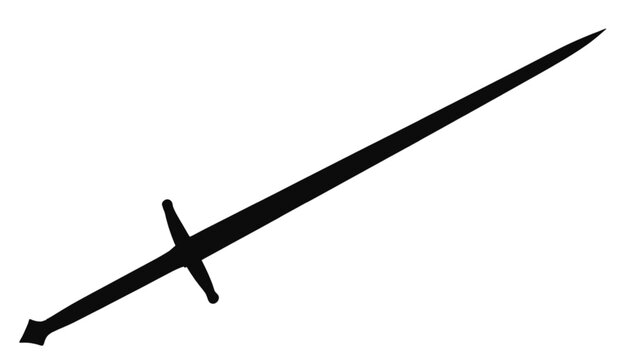 A medieval longsword silhouette stands diagonally against a white background.