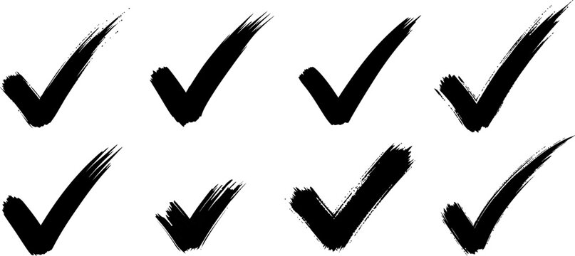 Set of eight hand drawn ink brush stroke check mark icons