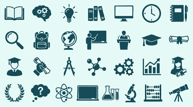 Education and Science Icons: Learning, Knowledge, Research, Academic Symbols