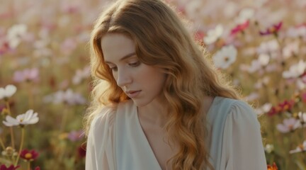 Obraz premium Young woman with long wavy red hair in white dress stands in flower field. Soft light illuminates her face. Nature backdrop with cosmos flowers pink white.