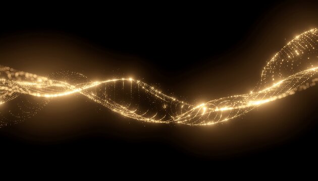 Abstract Golden DNA Helix Strand Glowing with Particles on Black Background.