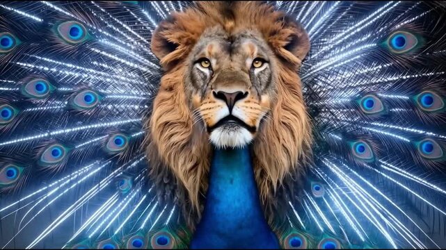 Cr&eacute;ature fantasy majestueuse hybride combinant t&ecirc;te et crini&egrave;re de lion avec cou bleu vibrant et &eacute;ventail de plumes de paon, illustration d'art num&eacute;rique surr&eacute;aliste